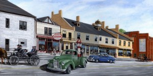 This is St. Jacobs,Ontario in the 1950's. The building with the gas pumps is where Home Hardware began. It is still a Home Hardware store.