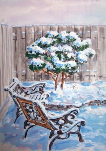 I painted this looking through Julies window to her back yard.